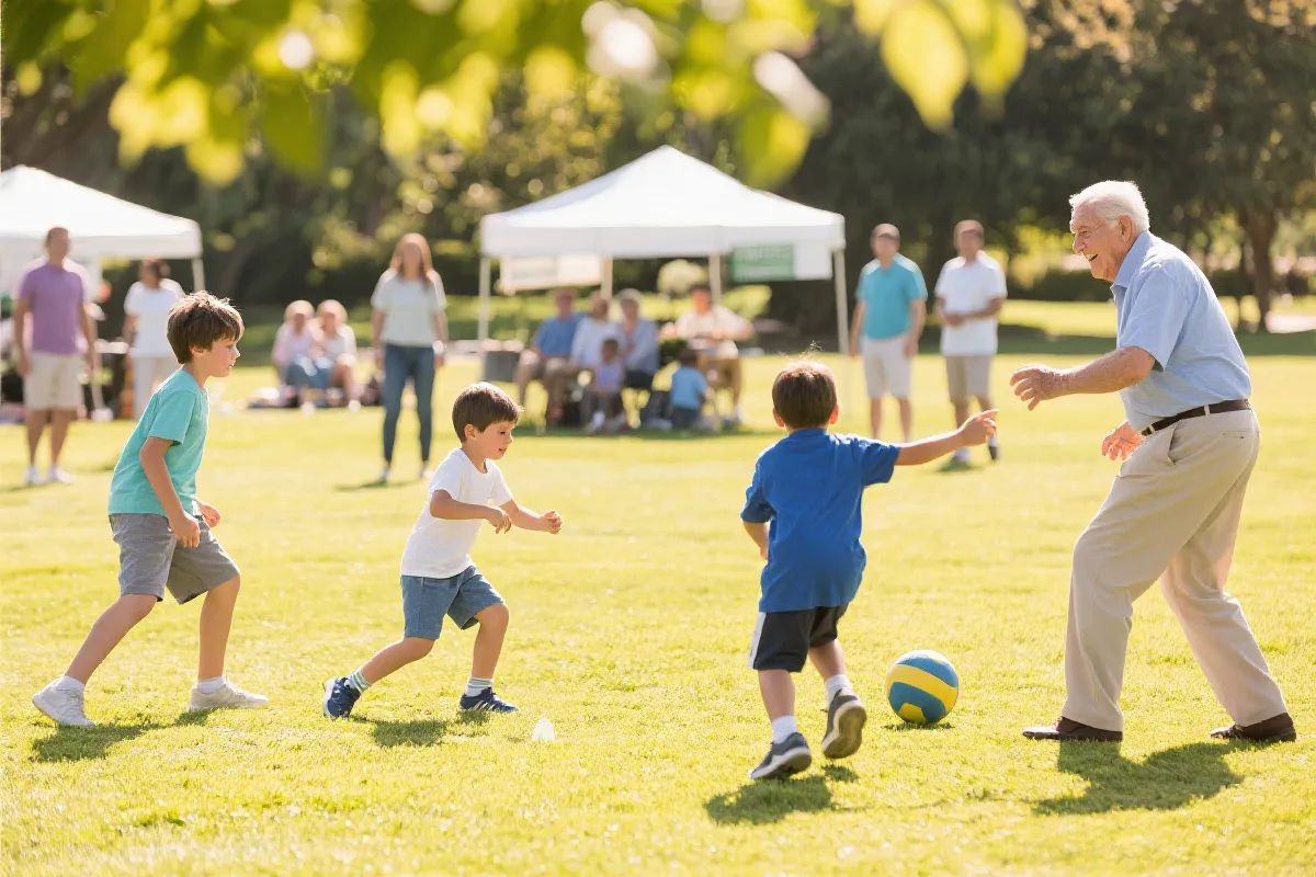 社区公园里，老少同乐的体育活动场景，阳光温暖，体现公益与活力